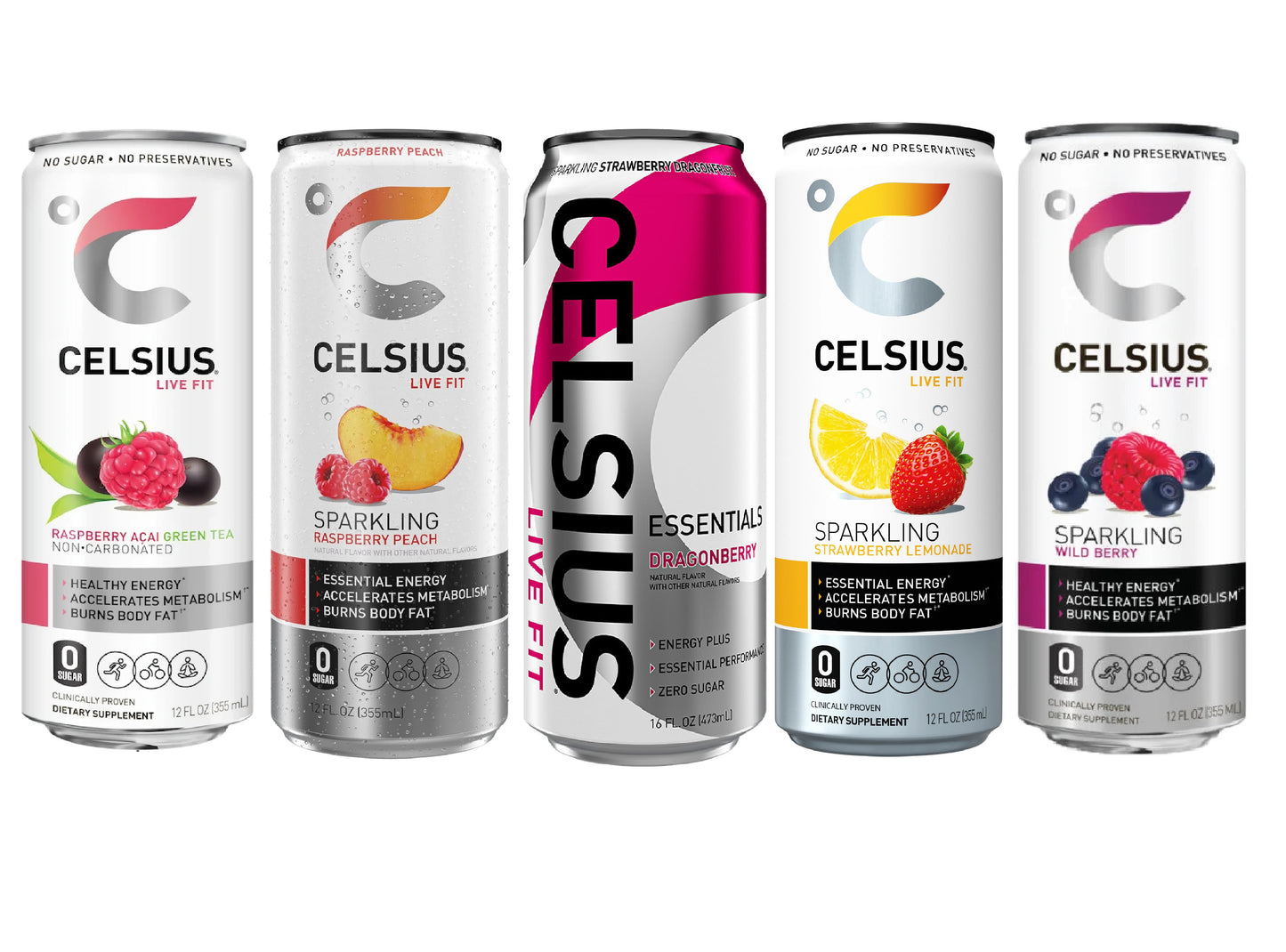 CELSIUS Sparkling Functional Essential Energy Drink with Variety of Flavors, 12 Ounce Can - Best Bundle Pack (12 Fl oz, Celsius Sparkling Berry - Variety (Pack of 5))