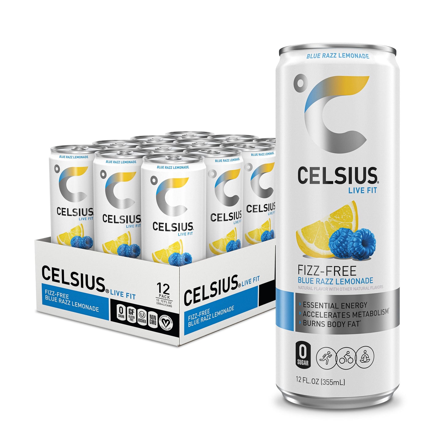 CELSIUS Fizz Free Blue Razz Lemonade, Functional Essential Energy Drink 12 Fl Oz (Pack of 12)