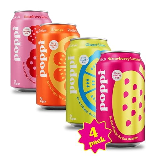 POPPI Sparkling Prebiotic Soda, Starter 4-Pack, w/Gut Health & Immunity Benefits, Beverages w/Apple Cider Vinegar, Seltzer Water & Fruit Juice, Low Calorie & Low Sugar Drinks, 12oz (Pack of 4)