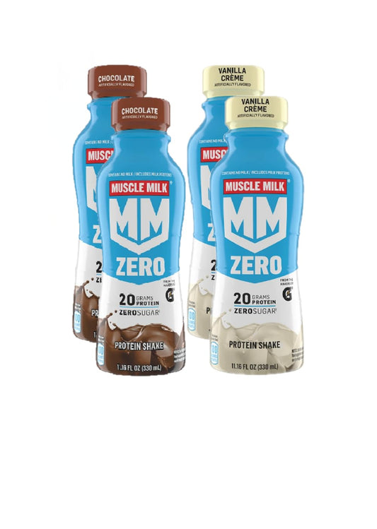 Muscle Milk Zero Protein Shake, Zero Sugar, 100 Calories, Calcium, Vitamins A, C & D, 4g Fiber, Energizing Snack, 11.16 Fl Oz (Chocolate/Vanilla) Pack of 4