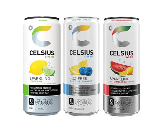 CELSIUS Sparkling Functional Essential Energy Drink with Variety of Flavors, 12 Ounce Can - Best Bundle Pack (Celsius Sparkling Free Blue Razz Lemonade/ Lemon Lime/Watermelon Lemonade- Pack of 3