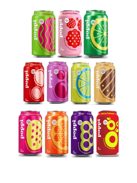 POPPI Sparkling Prebiotic Soda, Beverages Variety of Flavors with, Low Calorie & Low Sugar Drinks 12oz (Grape, Orange, Root Beer, Ginger Lime, Classic Cola, Cherry Limeade, Doc Pop, Strawberry Lemon,